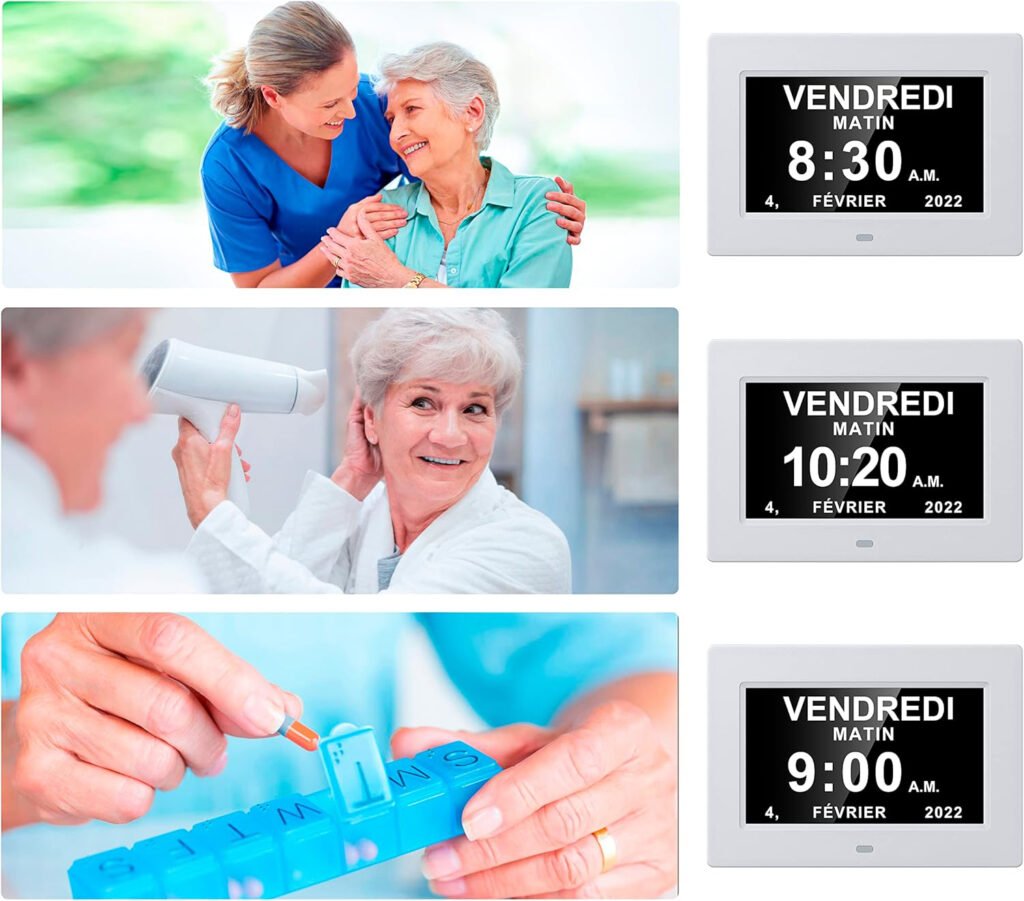 Digitale kalenderklok 17,8 cm - LCD-scherm met datum, dag en tijd - witte klok met automatische dimfunctie en herinneringen