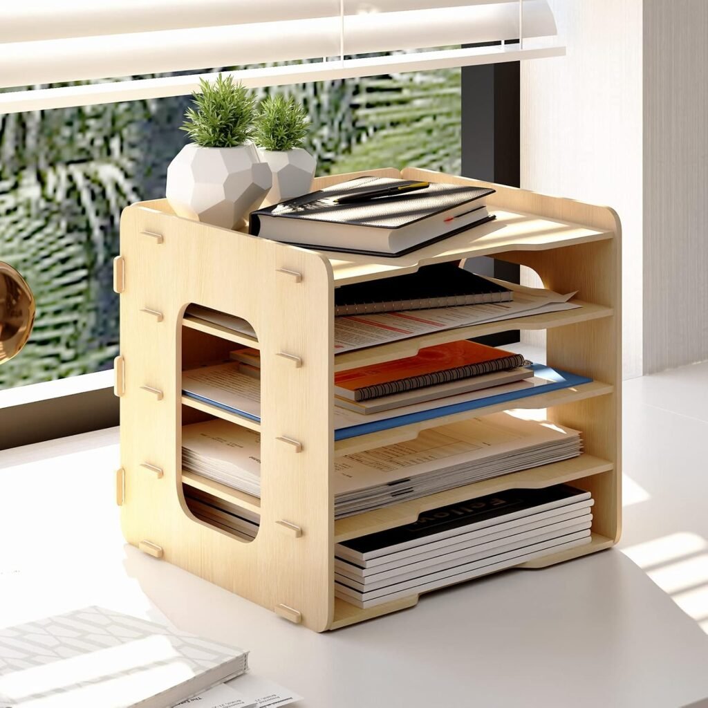 Houten bureau organizer met 5 niveaus - A4 documentenbak en mappenhouder voor kantoor, thuis en school