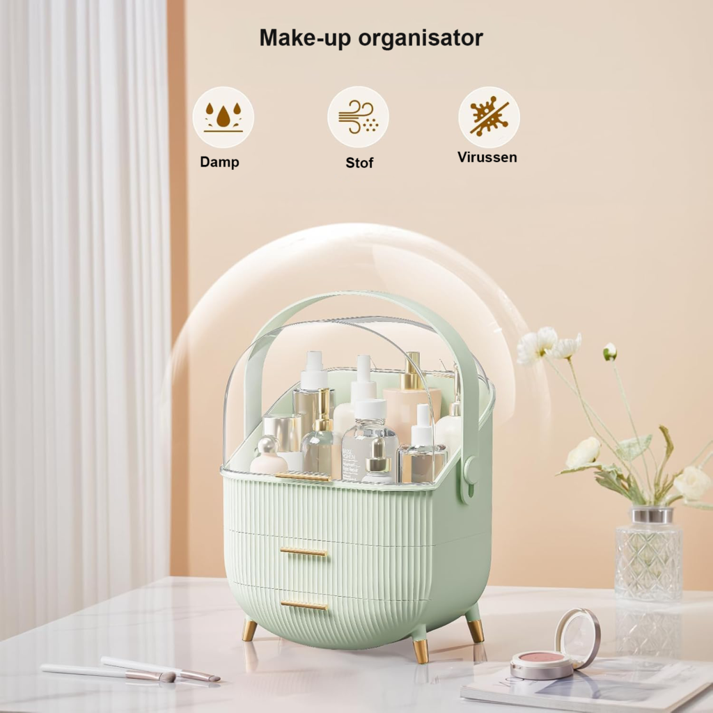 Mintgroene make-up organizer met deksel voor cosmetica en huidverzorging