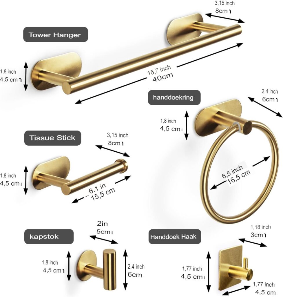 Gouden handdoekrek set met handdoekring, toiletpapierhouder en 2 handdoekhaken