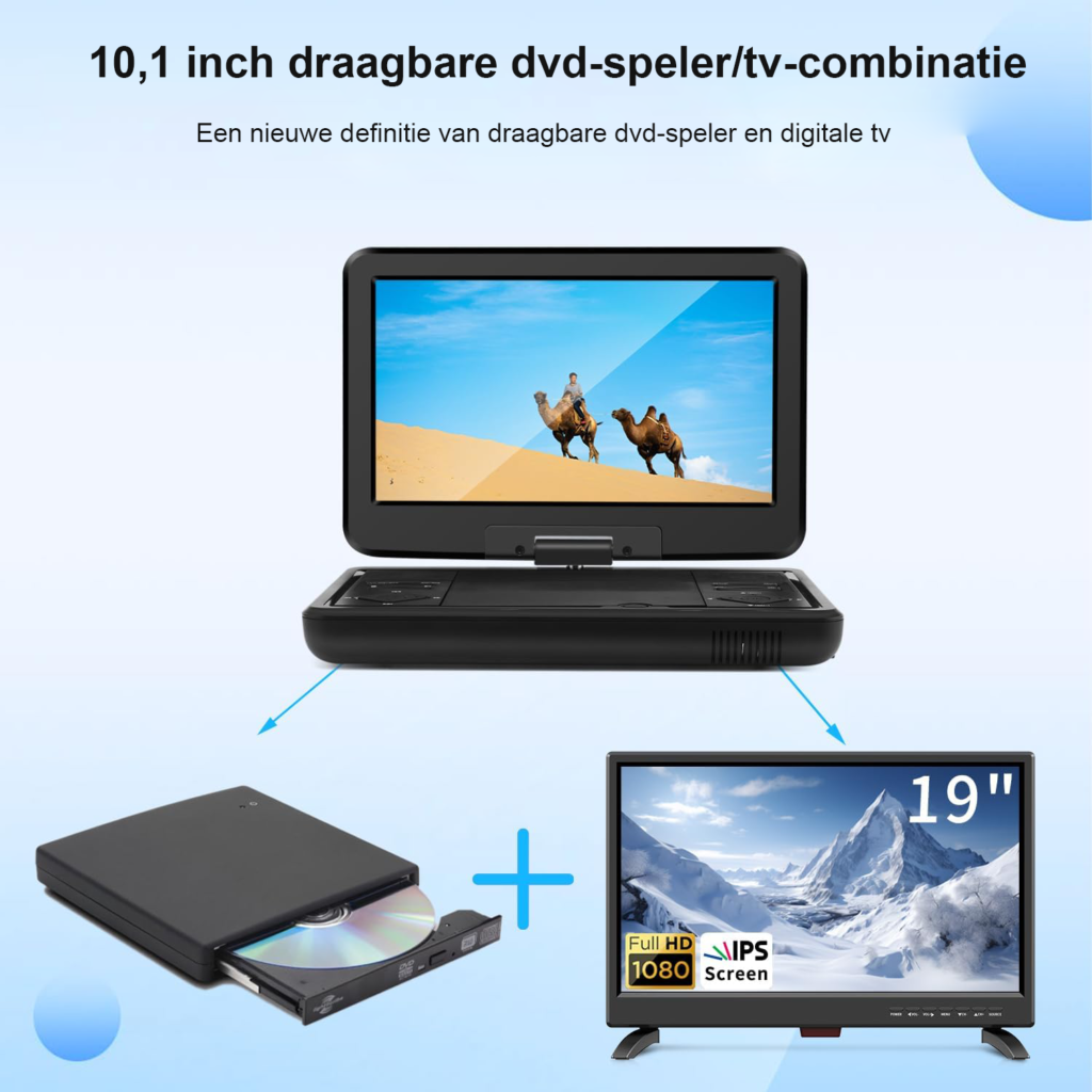 Draagbare DVD-speler 10,1 inch met DVB-T2 TV, draaibaar LED-scherm en USB-, HDMI- en AV-aansluitingen