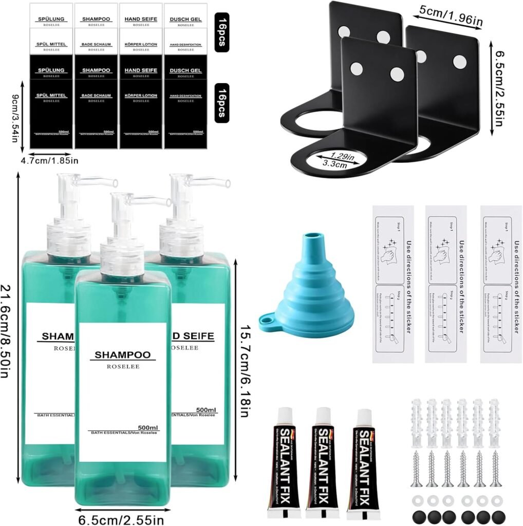 Wandmontage zeepdispenser set van 3, 500 ml, cyan, kunststof, zonder boren voor keuken en badkamer