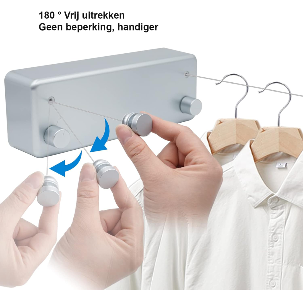 Uittrekbare waslijn 4,2 meter zilver voor balkon, badkamer en tuin met dubbele wanddroger
