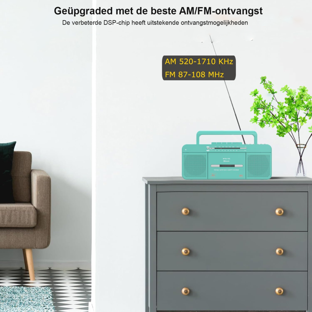 Retro cassettespeler met USB, Bluetooth, AM/FM-radio en cassette-naar-MP3-converter in groen
