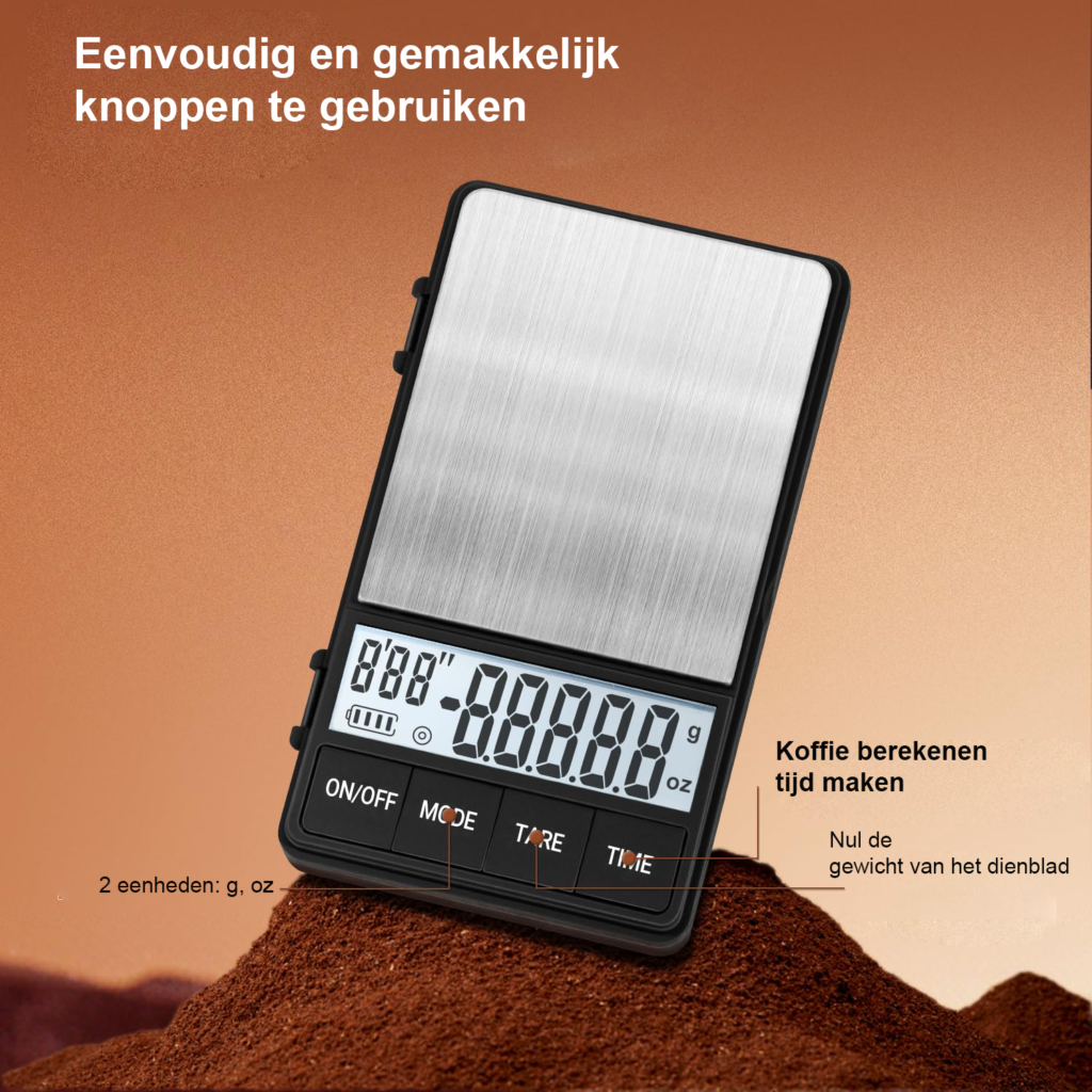 Digitale espresso weegschaal met timer, 0,1 g nauwkeurig, LCD-display en 1000 g capaciteit voor koffie en espresso