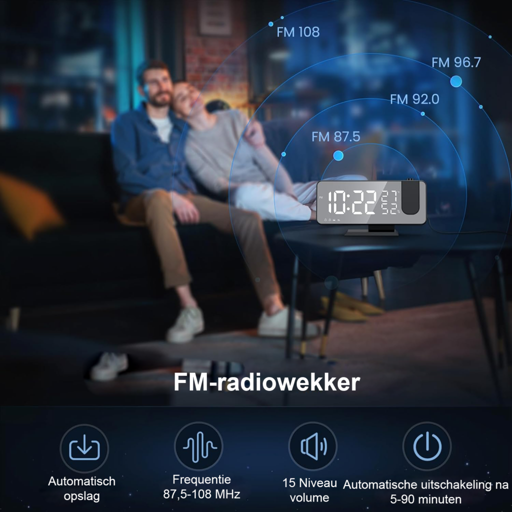 Digitale projectorwekker met radio en 7 inch LED-spiegelscherm
