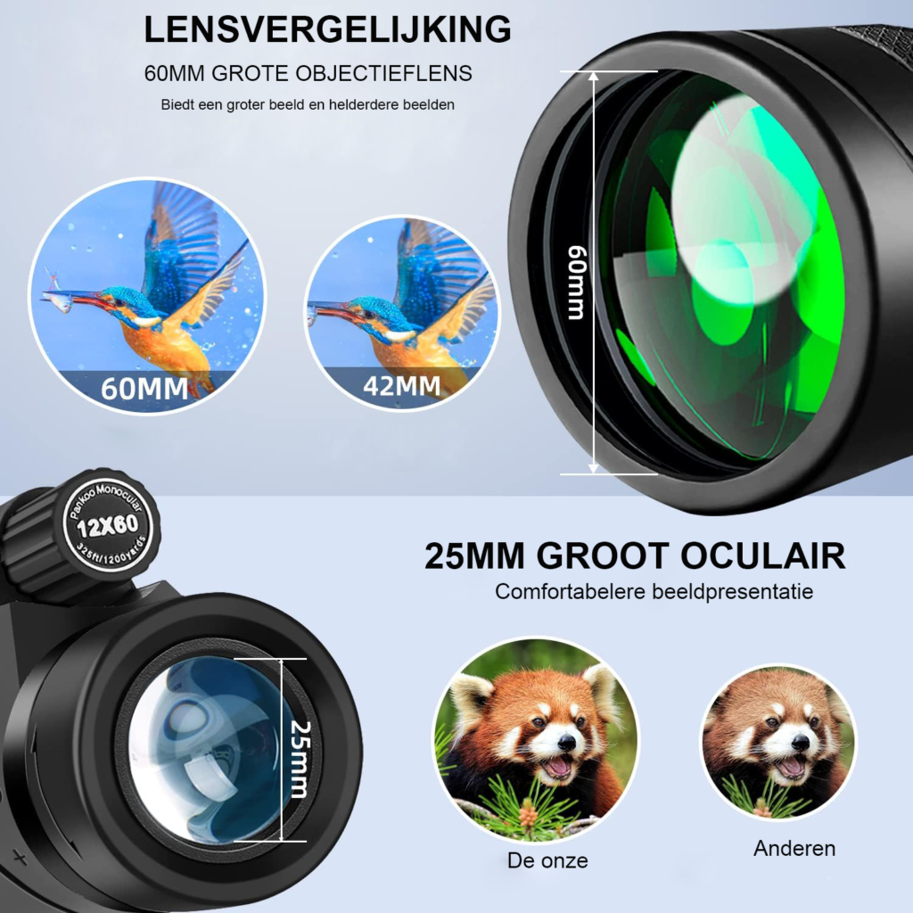Monoculaire telescoop 12x60 met smartphone adapter, statief en draagtas voor natuurobservatie en vogelspotten