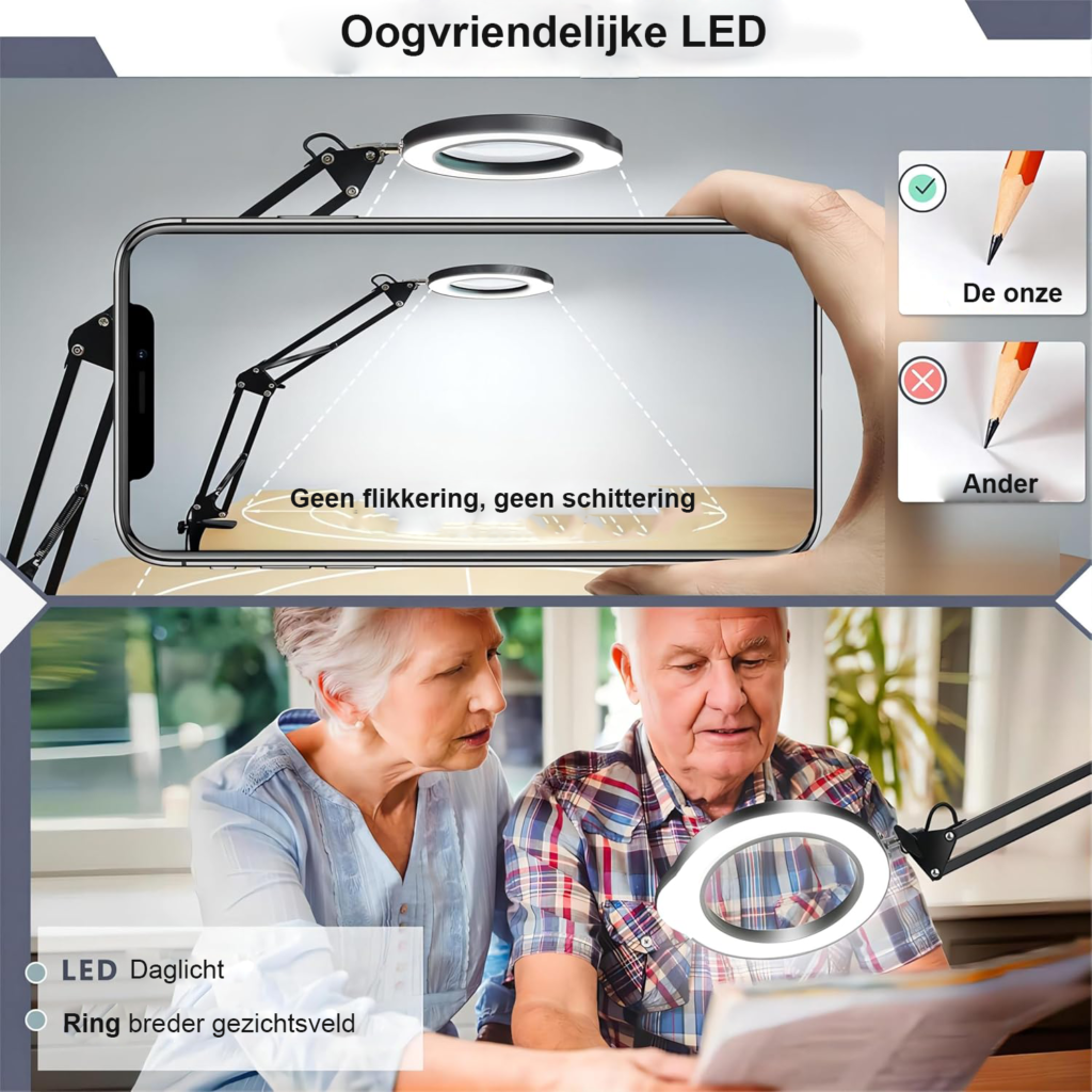 LED vergrootlamp 10x met klem, 5 kleurmodi en dimbare verlichting voor handwerk, reparaties en close-ups