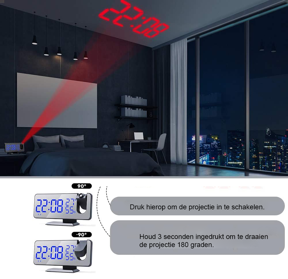 Projectie wekkerradio met LED scherm, spiegeldisplay, FM radio, dubbel alarm en USB oplaadpoort