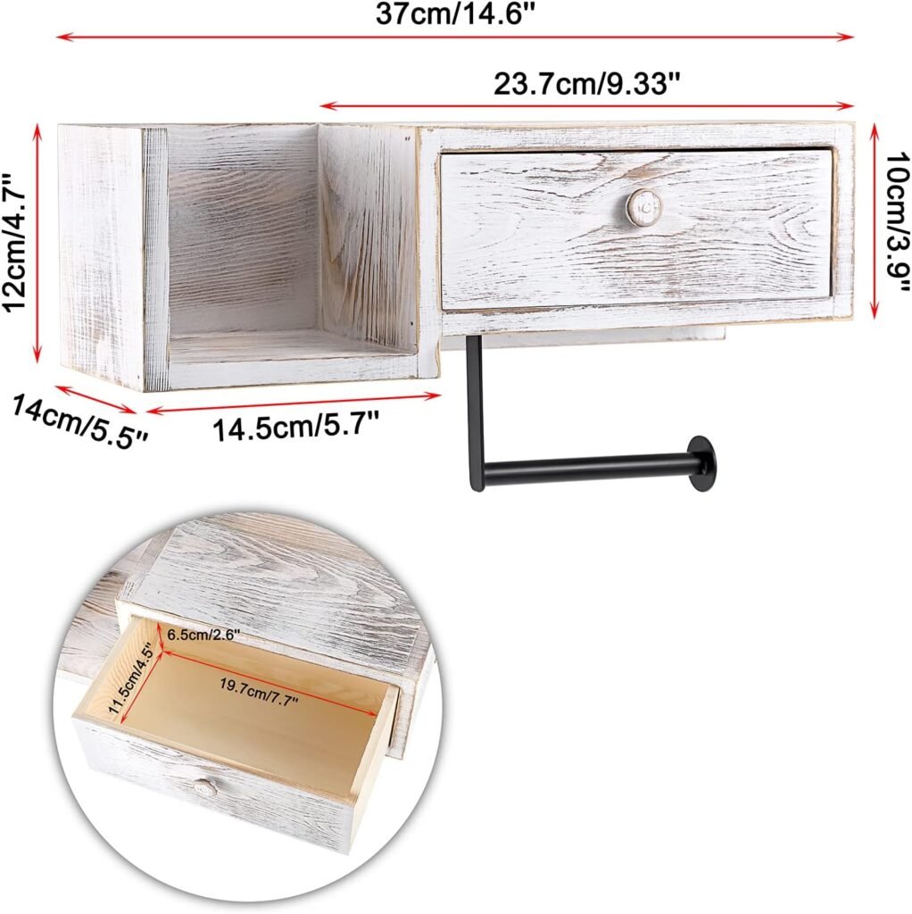 Toiletpapierhouder met plank van grenen hout in vintage wit met opbergruimte