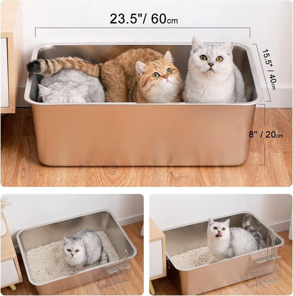 Grote RVS kattenbak 60 x 39,5 x 21 cm met antiaanbaklaag en antislip rubberen bodem