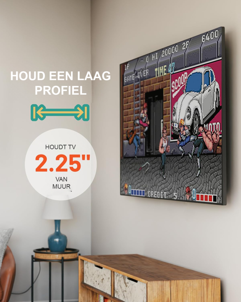 Vaste TV muurbeugel voor 42-80 inch televisies, 2,25 inch van de muur, met kabeltoegang en snelle installatie