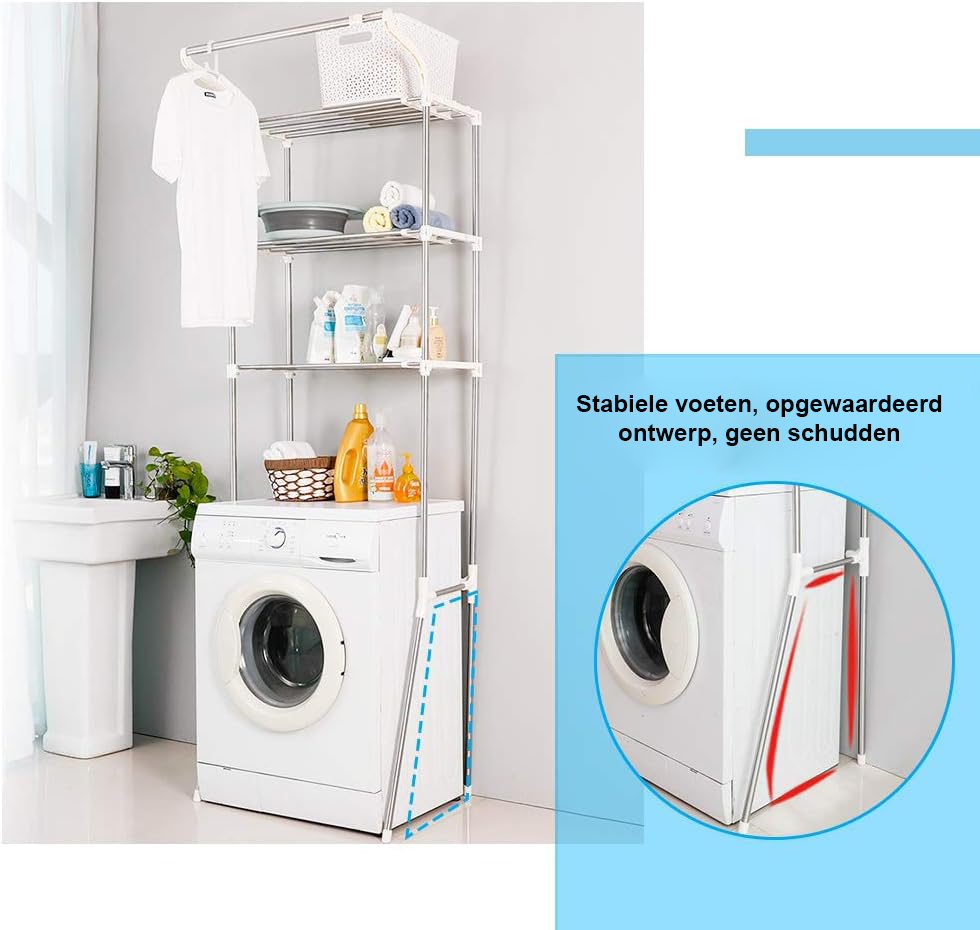 Boven wasmachine rek met 3 lagen, verstelbare breedte en ophangstang, 61-97 x 49,5 x 210 cm