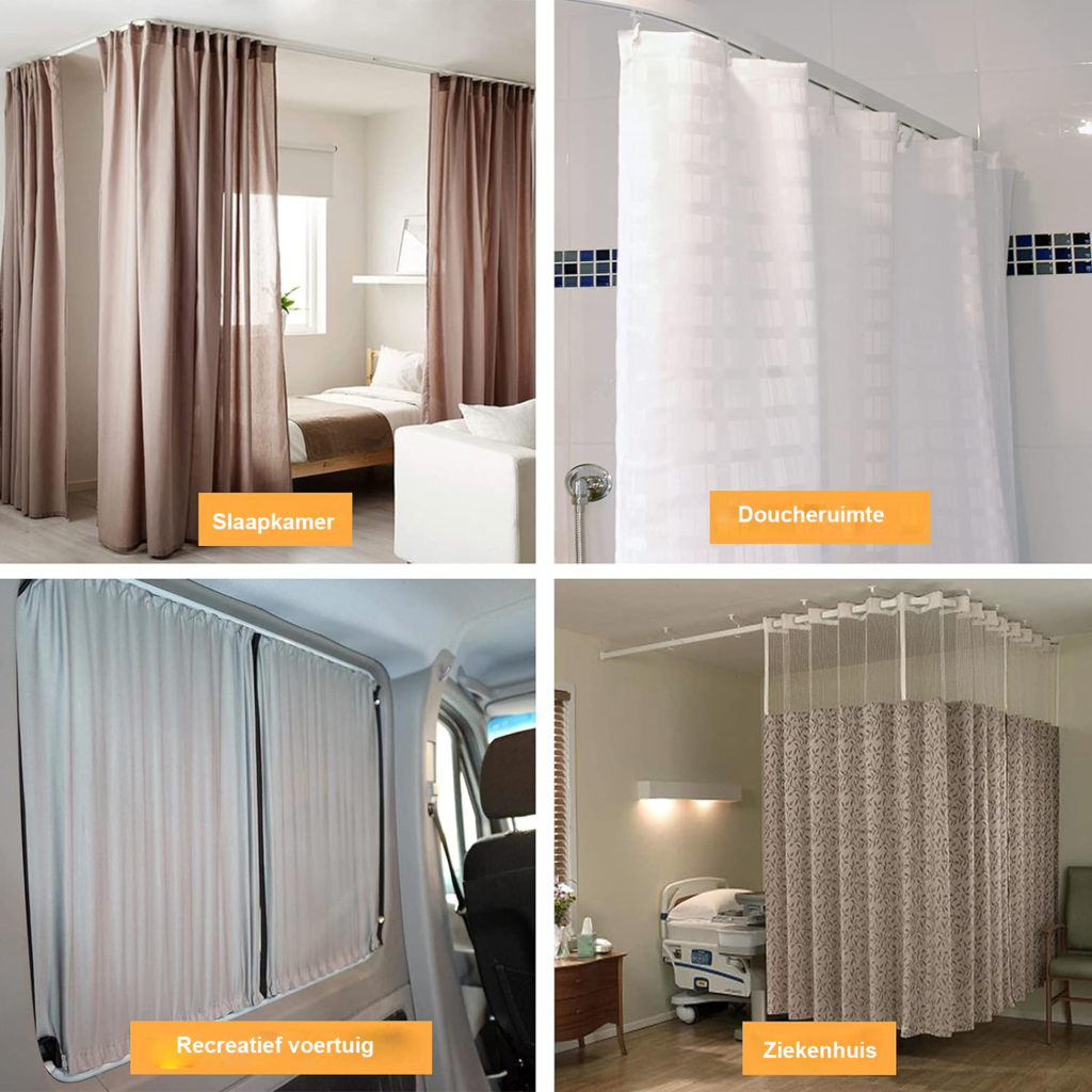Flexibele plafond gordijnrail 5 meter met buigbare rail en dempende rollers voor douche, raamkozijn en camper