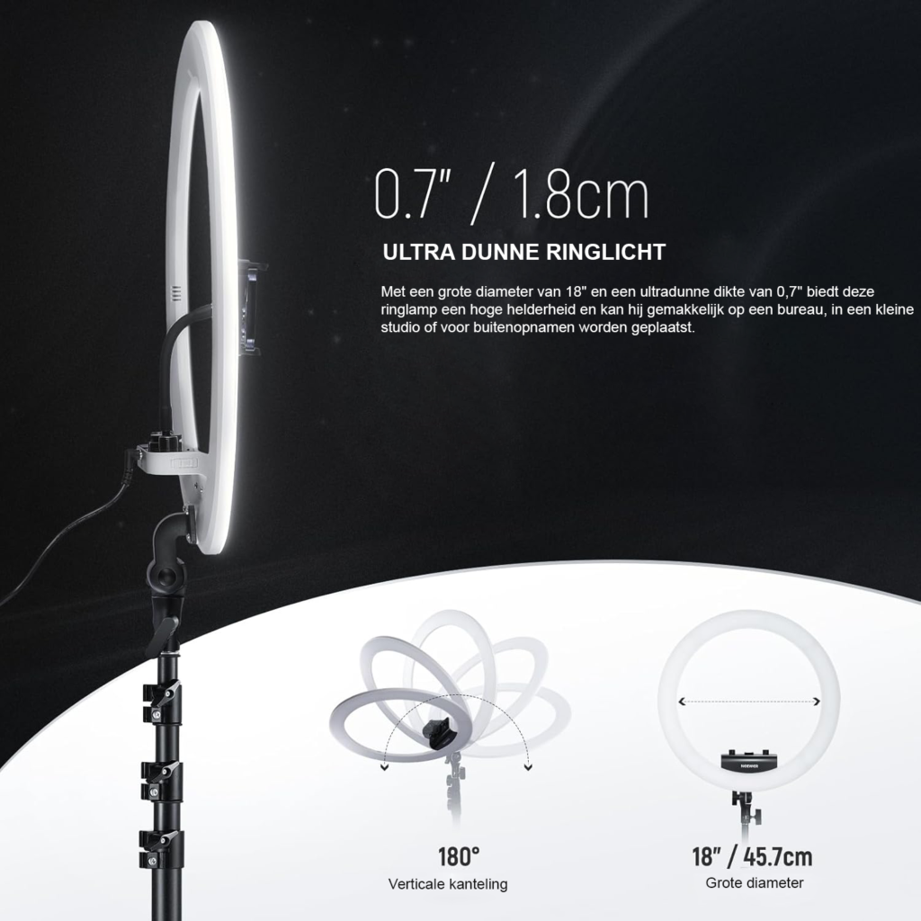 Professionele ringlamp 18 inch met statief en telefoonhouder, 45W LED-verlichting voor make-up en livestreams