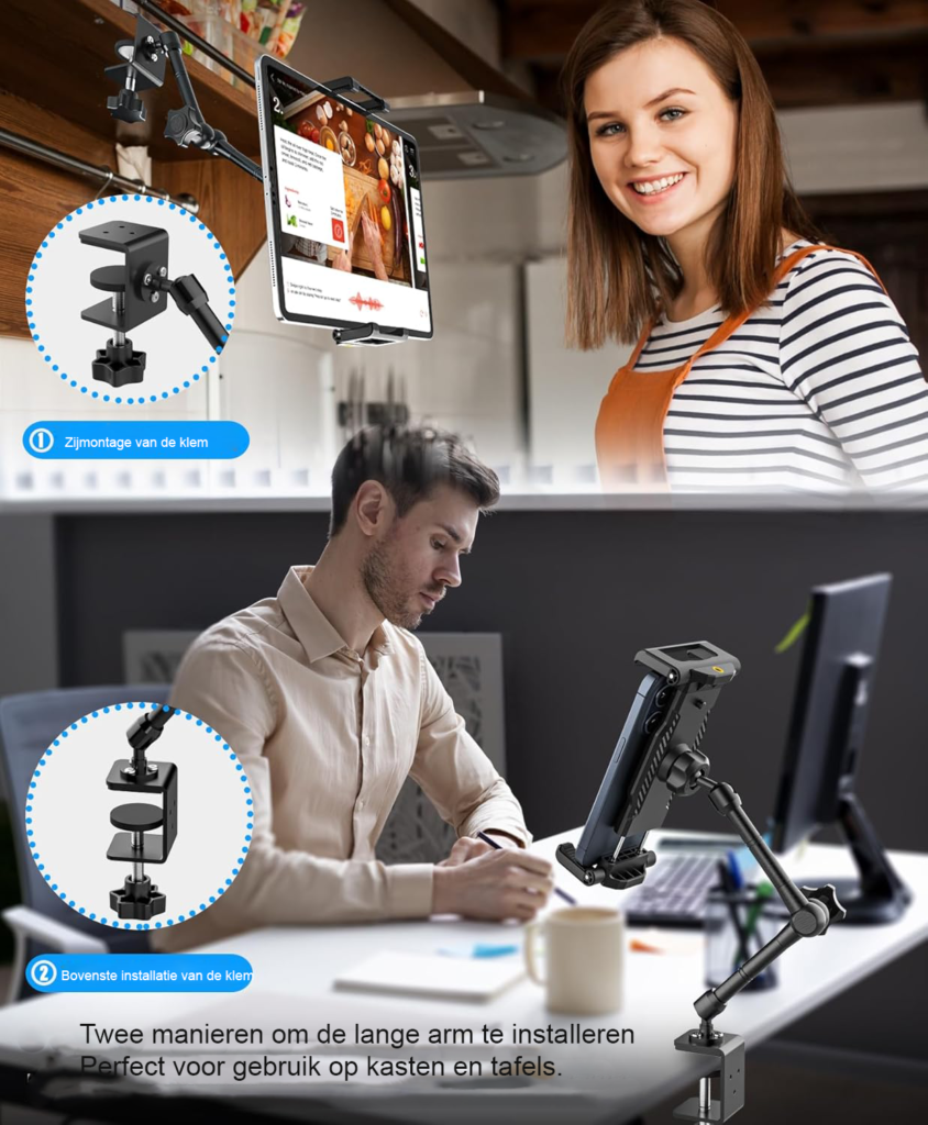 Tablet houder met klem, verstelbare metalen arm voor bureau en keukenkast, geschikt voor tablets van 6 tot 14,6 inch