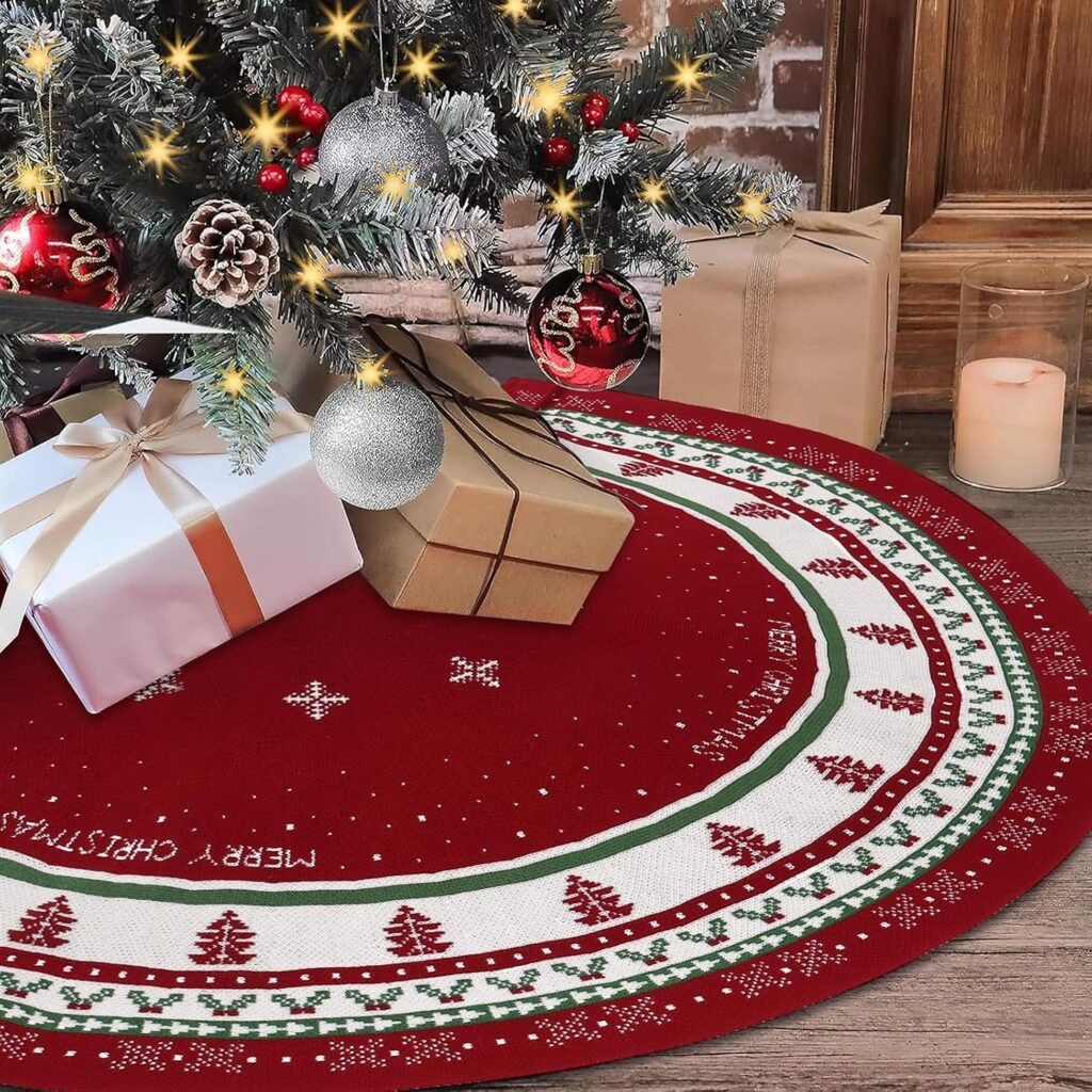 Kerstboomrok 120 cm met sneeuwvlokmotief, ronde rood-groene boommat voor kerstboomstand en kerstdecoratie