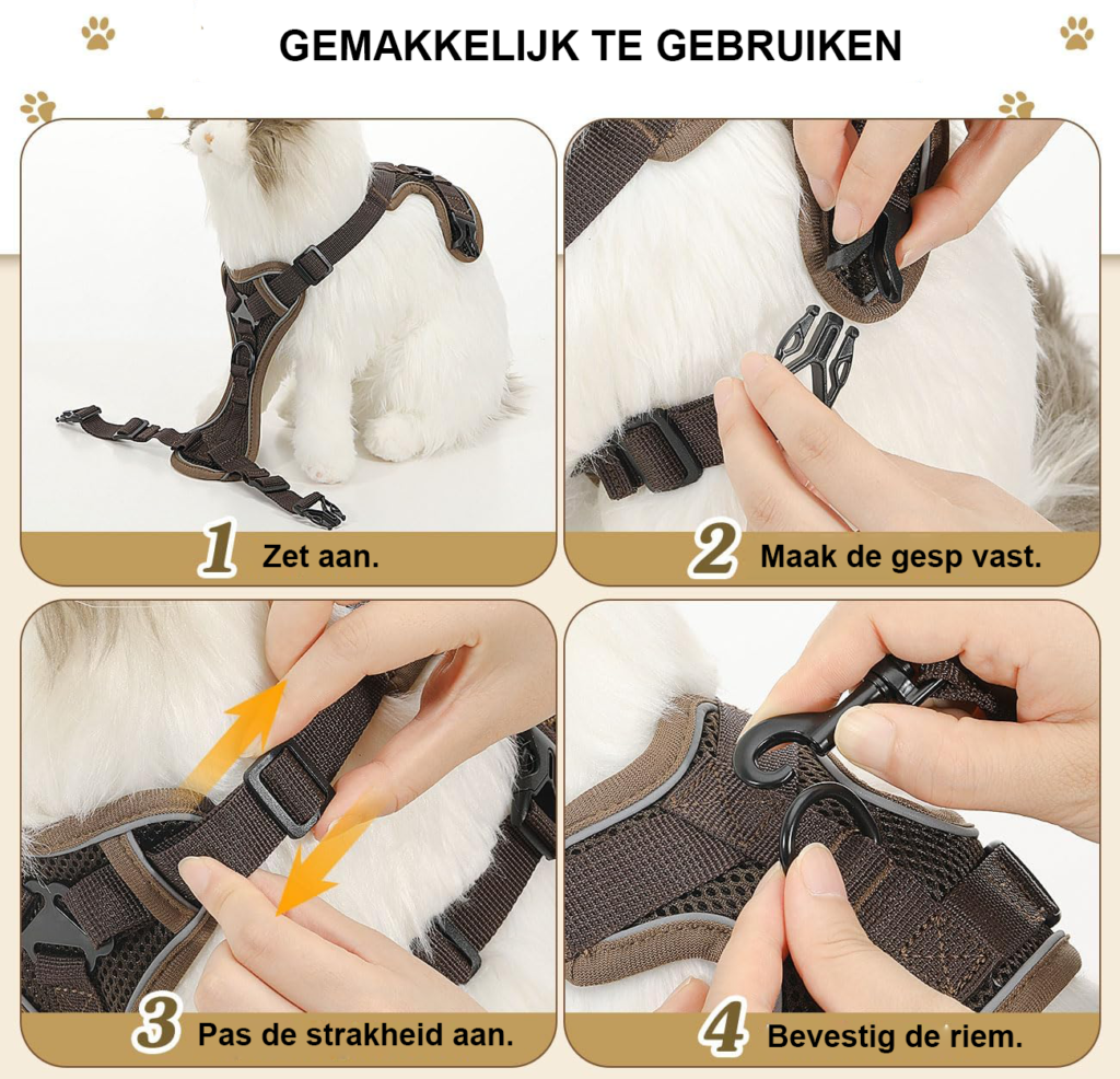Kattenharnas met riem, verstelbaar ademend mesh vest met reflecterende strip voor katten en kittens, maat M