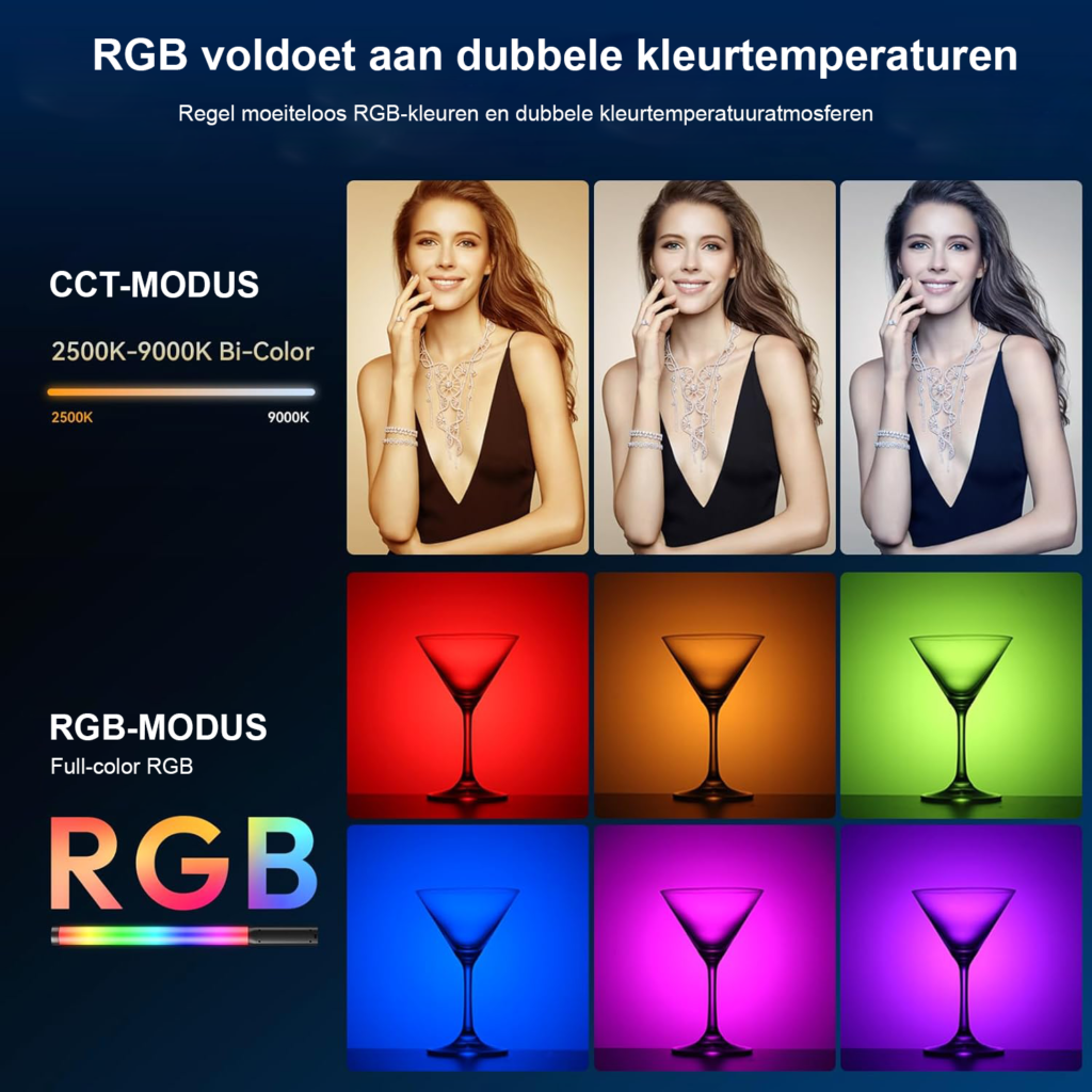 Draagbare RGB videolichtstick 10W voor fotografie en portretverlichting, 2500K-9000K, met 3300mAh batterij
