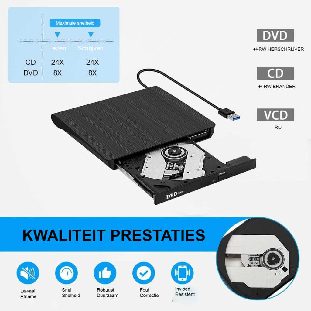 Externe DVD-brander USB 3.0 voor laptop en desktop, geschikt voor CD-RW en DVD-R, compatibel met Windows en Mac