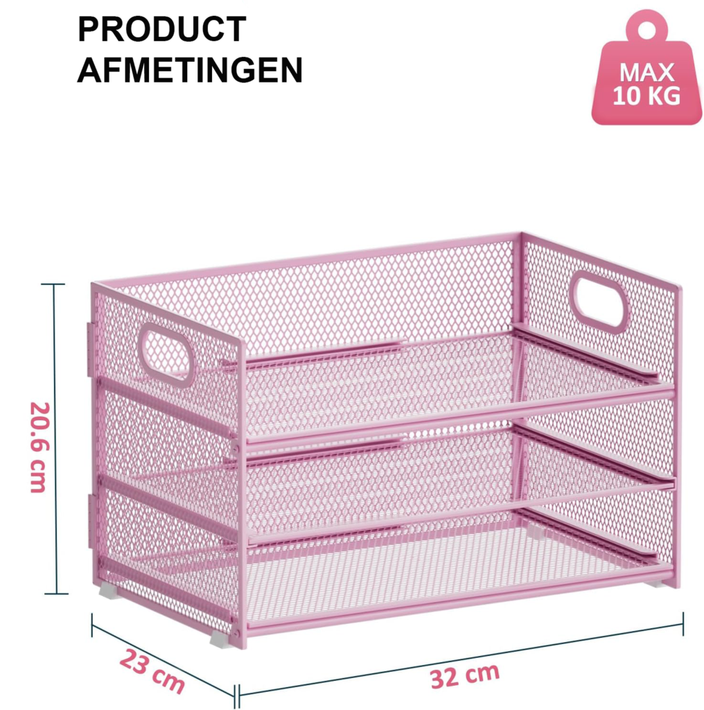 Bureau organizer 3 lagen roze met handgreep voor documenten en tijdschriften