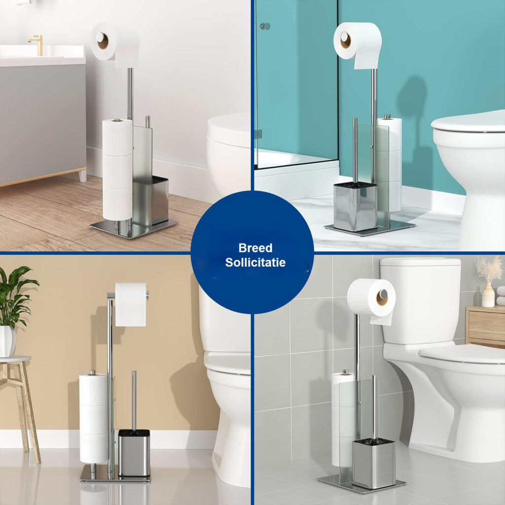 Vrijstaande toiletrolhouder met wc-borstel, glazen plank en roestvrij staal zonder boren