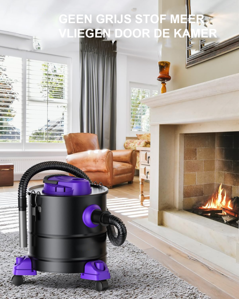 Paarse asstofzuiger van 20 liter en 1200W met rolbasis voor haard, pelletgrill, oven en kachel