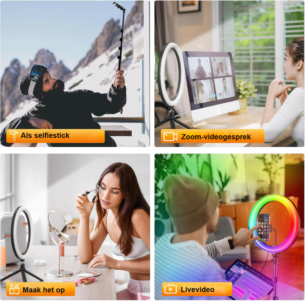 Ringlamp 12 inch met statief en telefoonhouder, 26 RGB-modi en 8 helderheidsniveaus voor livestreaming en make-up