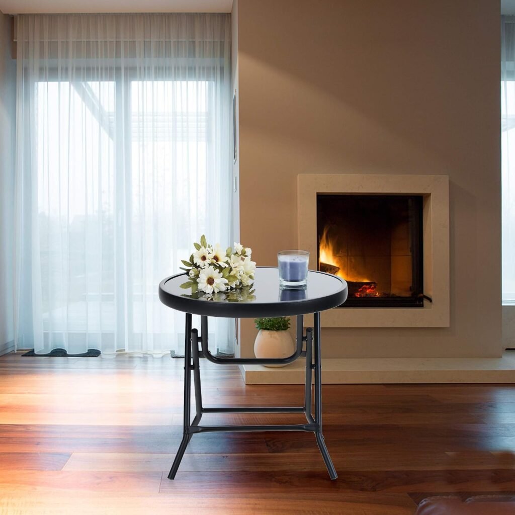 Opvouwbare ronde bijzettafel van glas en metaal voor balkon en tuin