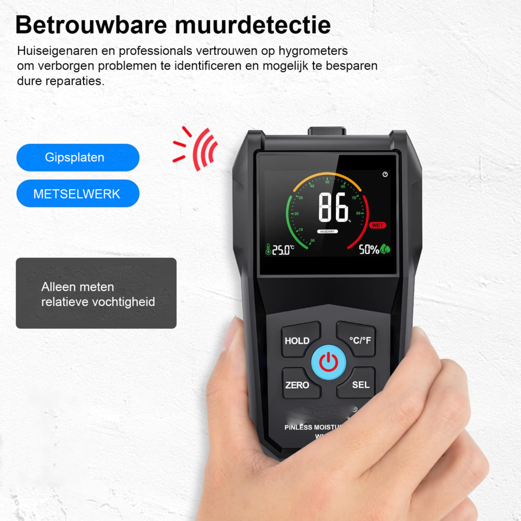 Digitale vochtmeter voor hout, muren en bouwmaterialen met LCD-scherm en geluidsalarm
