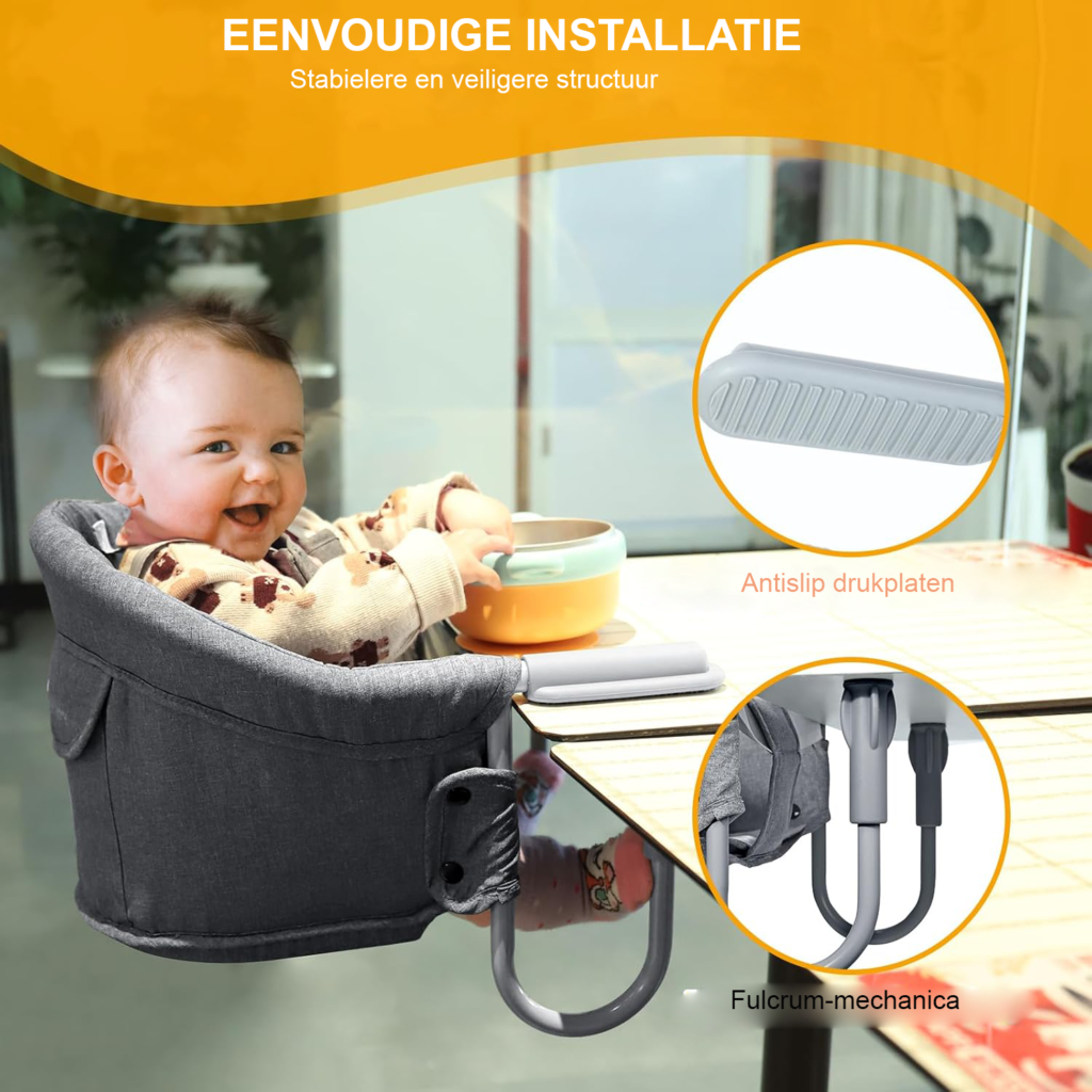 Baby Tafelstoel - Kinderstoel met 5-Puntsgordel - Extra Vulling voor Comfort - Klassiek Grijs voor Thuis en Op Reis