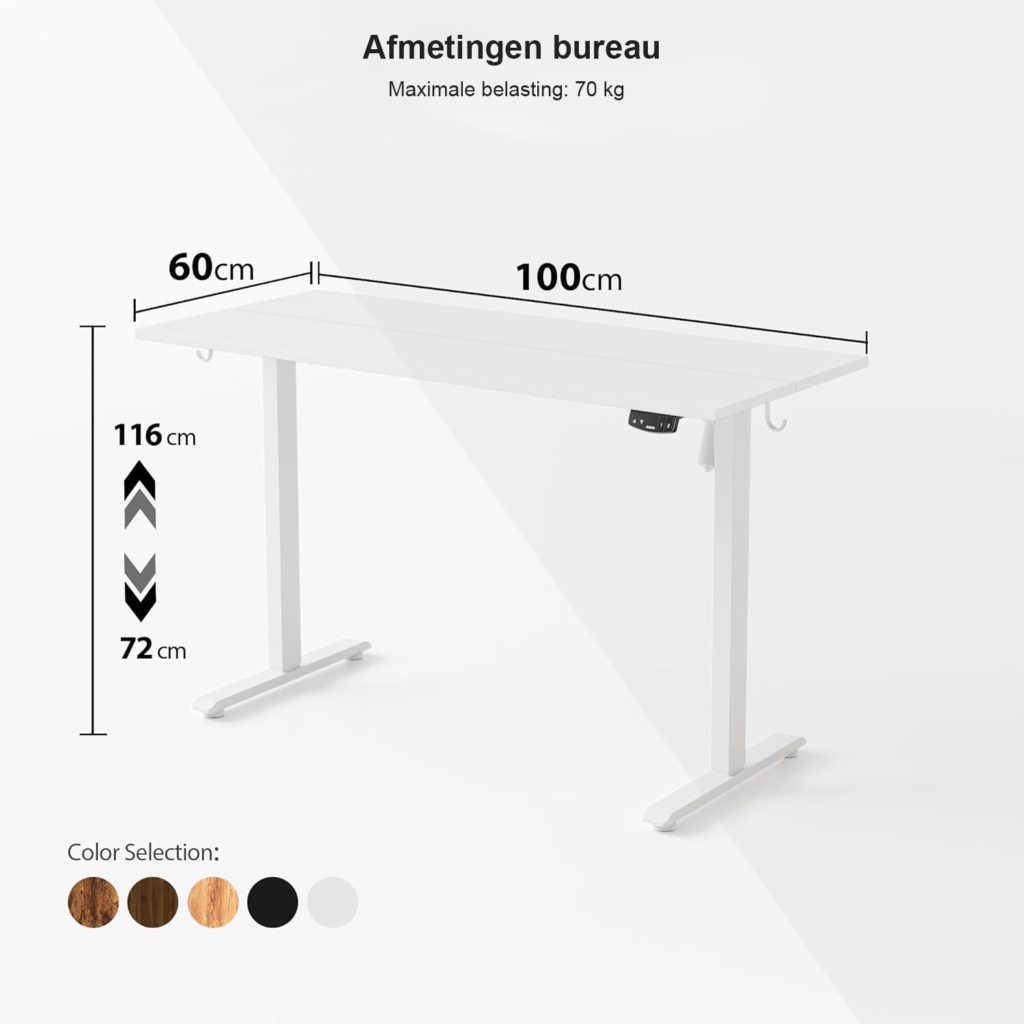 Elektrisch zit-sta bureau 100x60 cm met hoogteverstelling, geheugenfuncties en anti-collisie systeem in wit