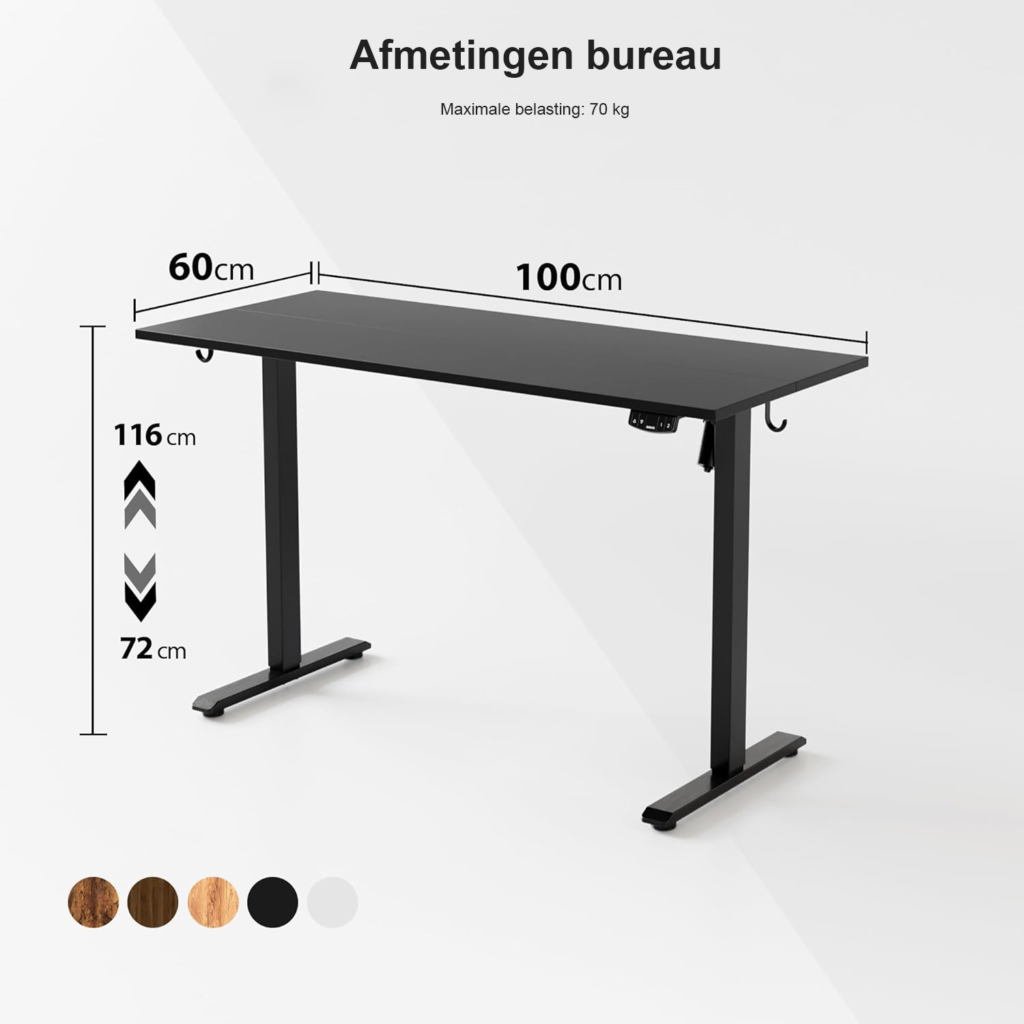 Elektrisch zit-sta bureau 100 x 60 cm in zwart met geheugenfunctie en anti-collisiesysteem