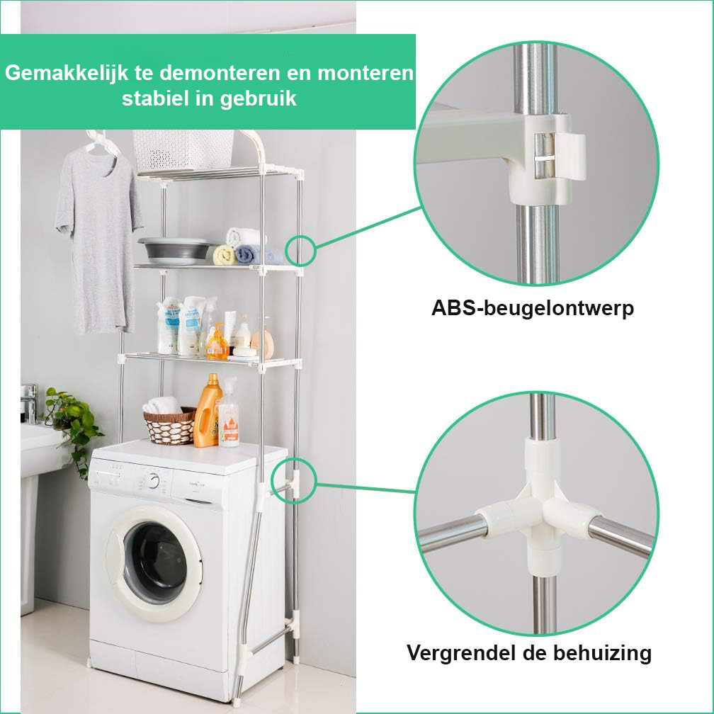 3-laags wasruimte rek met kledinghanger, verstelbaar opbergrek voor boven wasmachine of toilet, ivoor