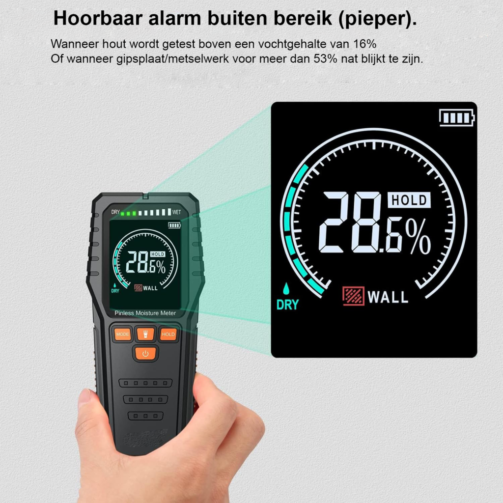 Vochtmeter zonder pin met LCD scherm voor niet-destructieve vochtmeting tot 19 mm diep in muren, hout, metselwerk en gipsplaat