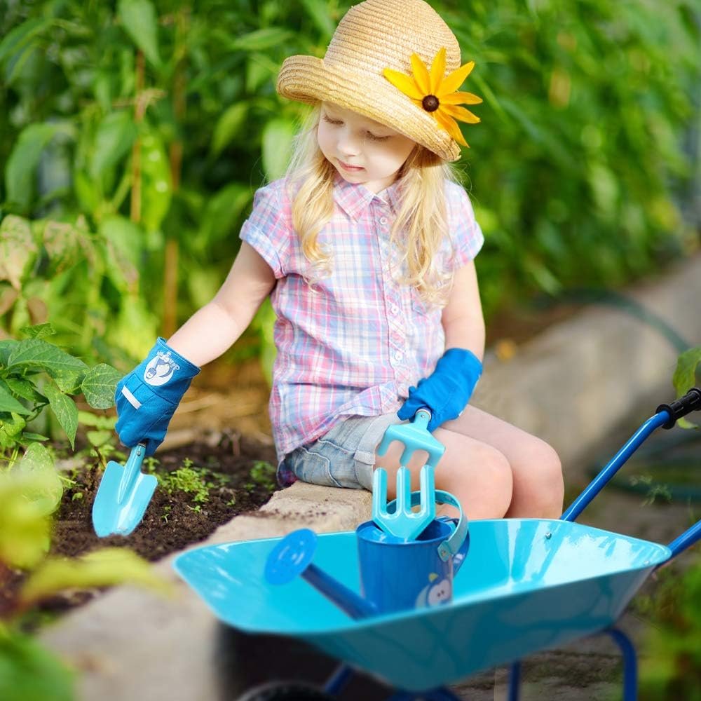 Kinderkruiwagen metaal blauw – 5-delige tuinset met schep, hark, vork en tuinhandschoenen