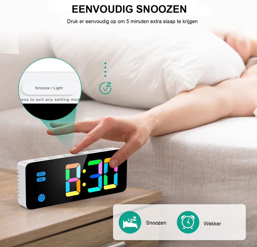 Nachtkastje klok met LED-scherm, instelbare helderheid, snooze-functie en USB-oplaadpoort, geschikt als kinderwekker