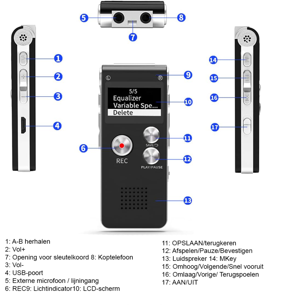 Digitale dictafoon voor interviews en notities, oplaadbare audiorecorder met hoge geluidskwaliteit