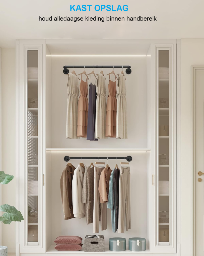 Industriële zwarte kledingstang voor muurbevestiging met verwijderbare hangers