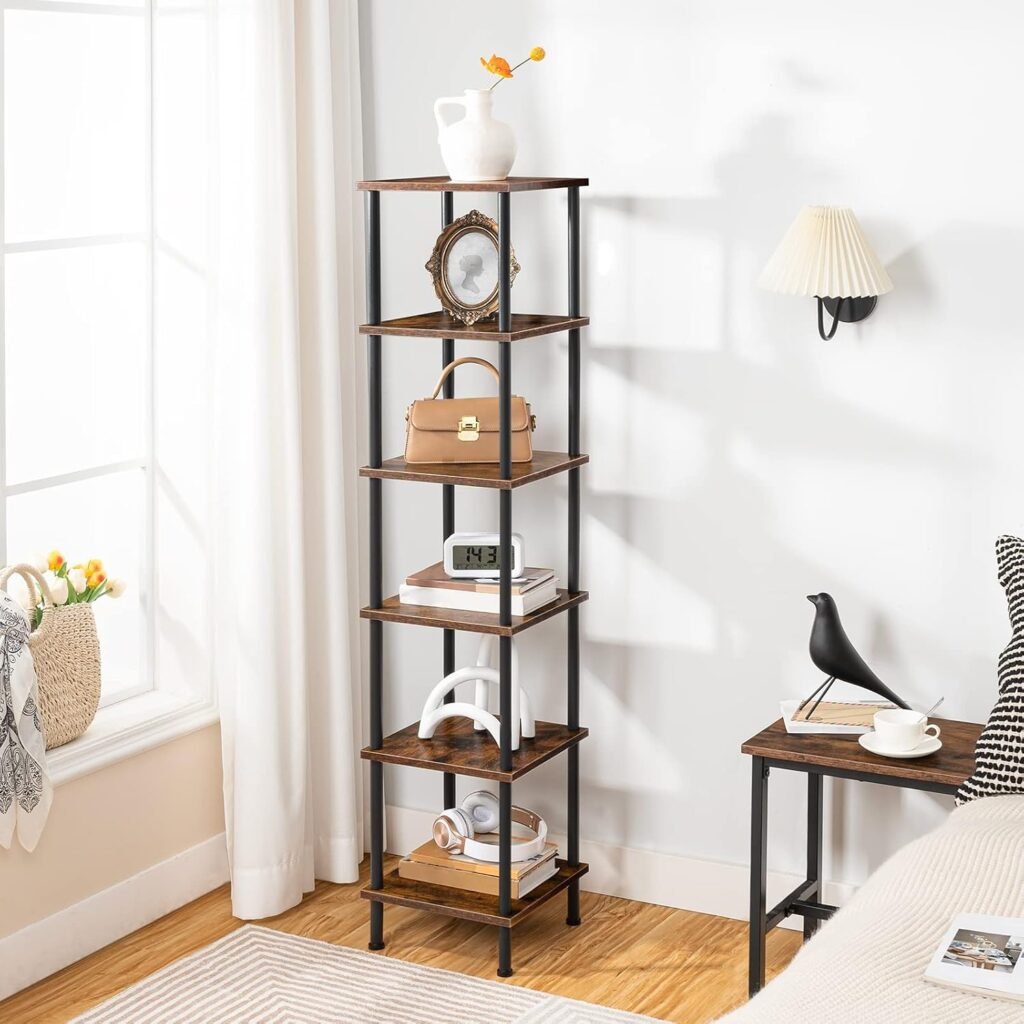 Vintage hoekrek met 6 lagen, boekenkast en plantenrek in industrieel vintage bruin design