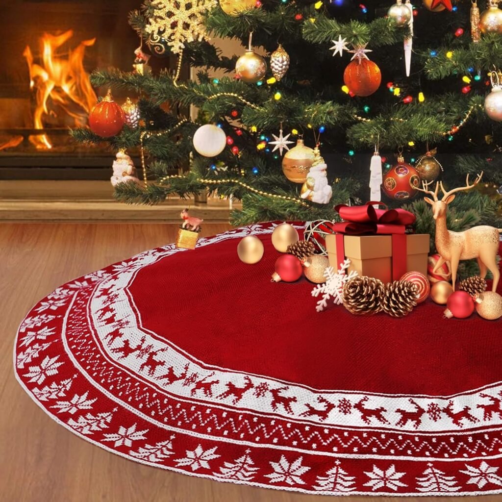 Gebreide rode kerstboomrok 122 cm met rendieren en sneeuwvlokken, decoratief kerstboomkleed voor kerst- en nieuwjaarsdecoratie