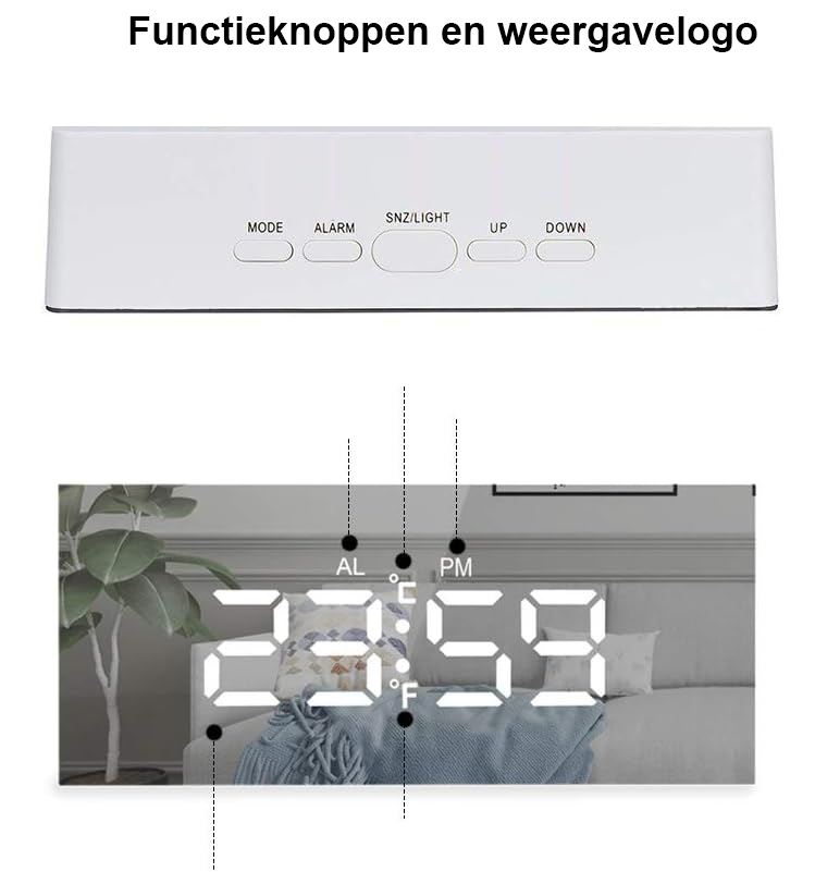 LED spiegelklok met digitale wekker, temperatuurweergave en instelbare helderheid