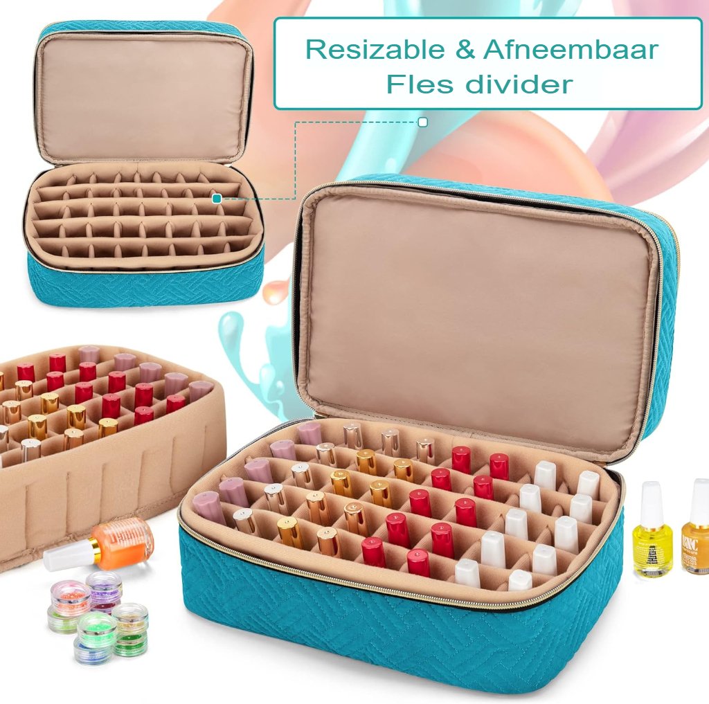 Nagellak organizer tas met twee lagen voor 40 flesjes, manicure tool opbergvakken in teal kleur