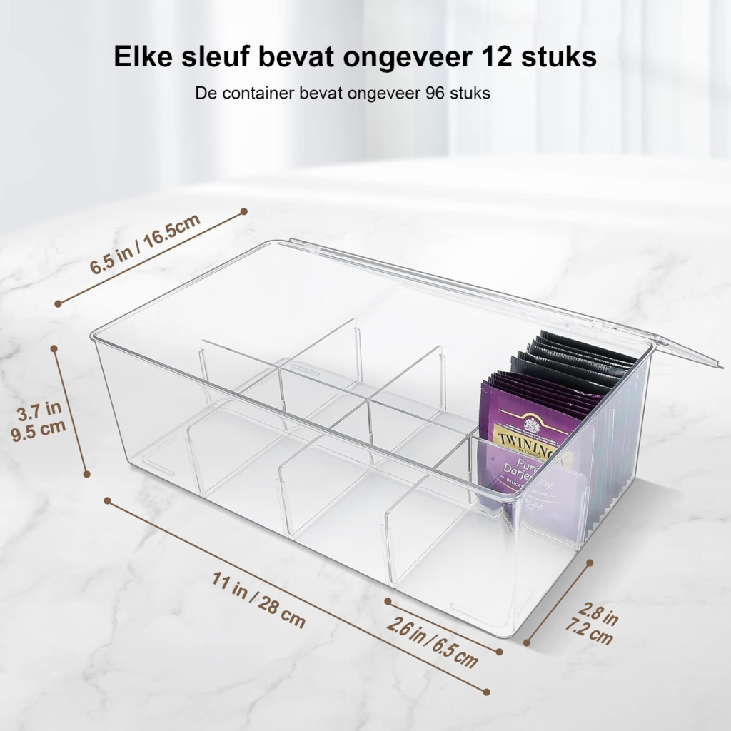 Stapelbare theezakjeshouder met 6 compartimenten van transparant kunststof
