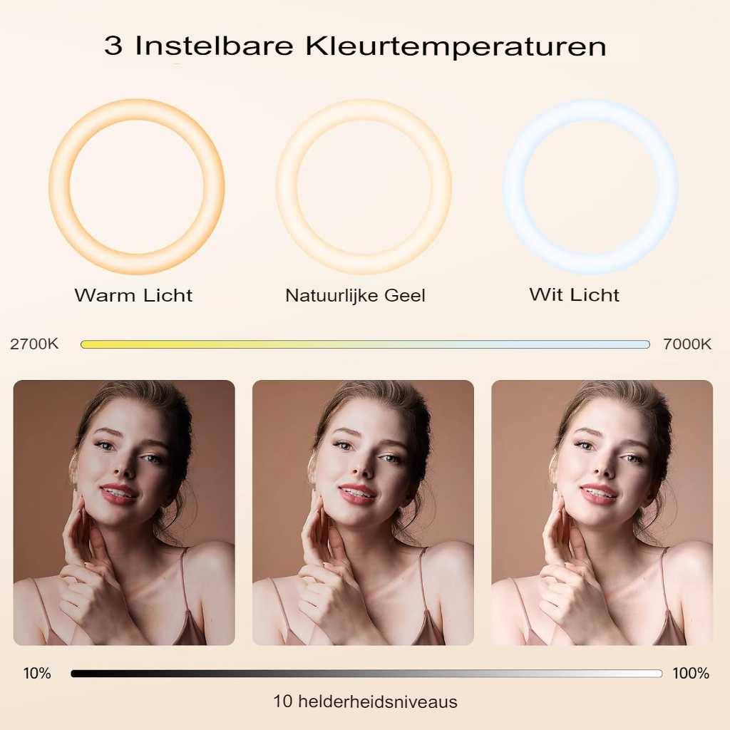 Verstelbaar ringlicht met diverse lichtstanden en afstandsbediening voor video-opnames en streaming