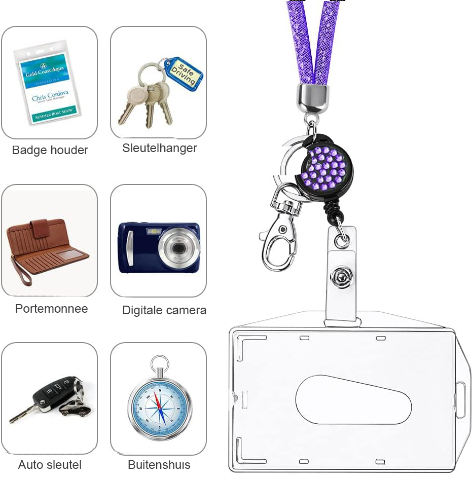 Transparante paarse ID-kaarthouder met lanyard en kristallen koord, nekband en sleutelkoord
