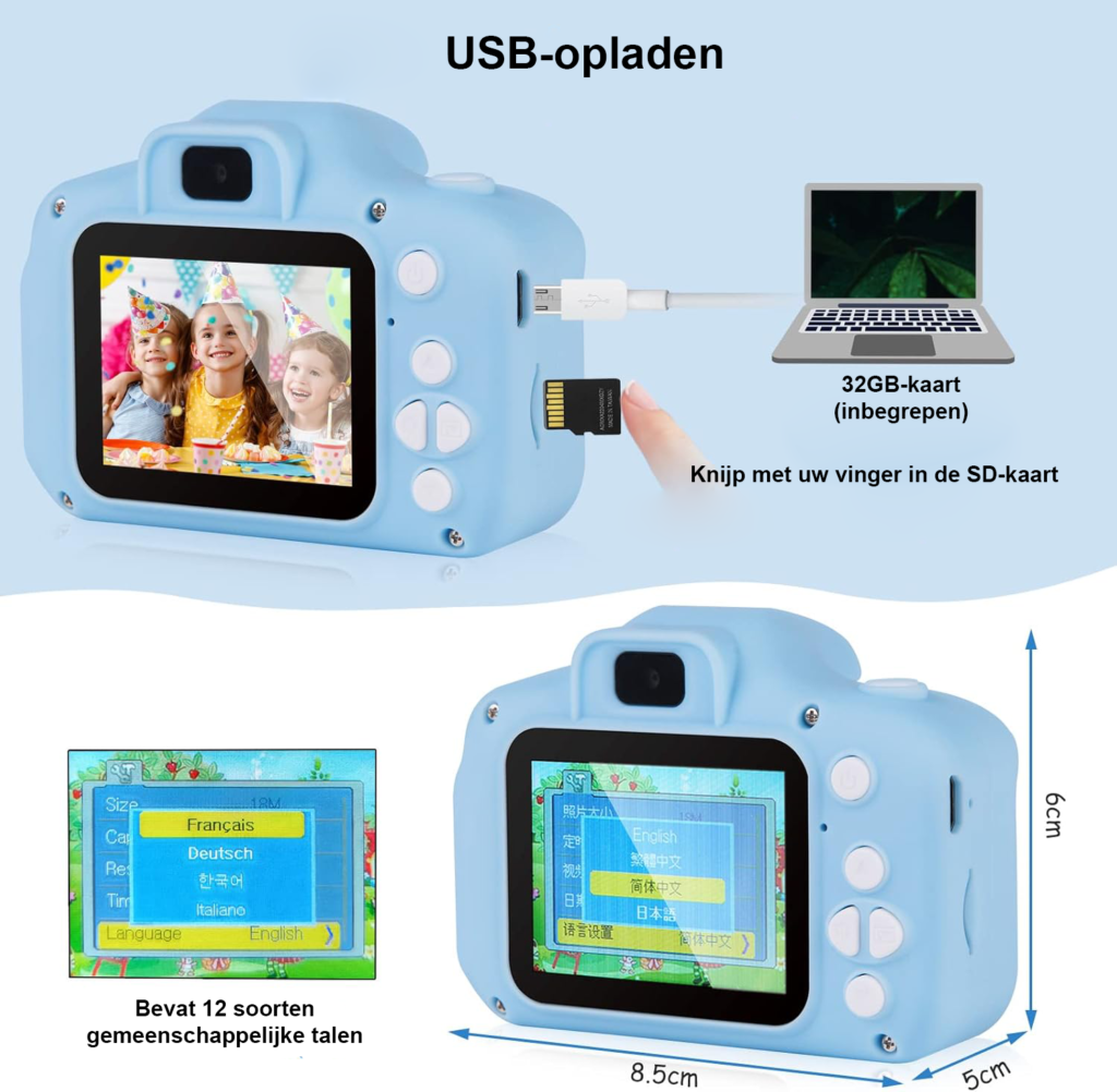 Waterdichte kindercamera blauw met 2 inch scherm en 1080P video-opname