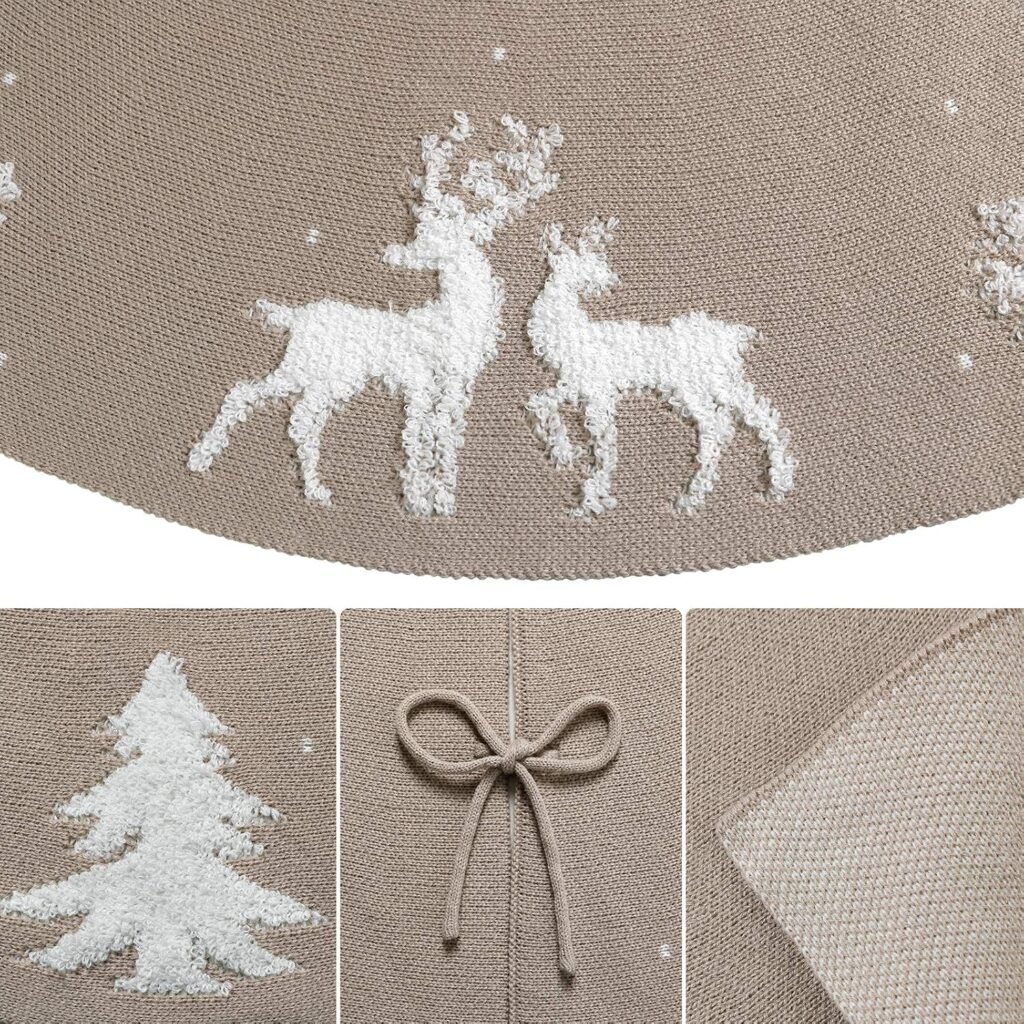 Beige kerstboom rok met 3D elanden en sneeuwvlokken patroon voor kerstboomdecoratie Ø48 inch