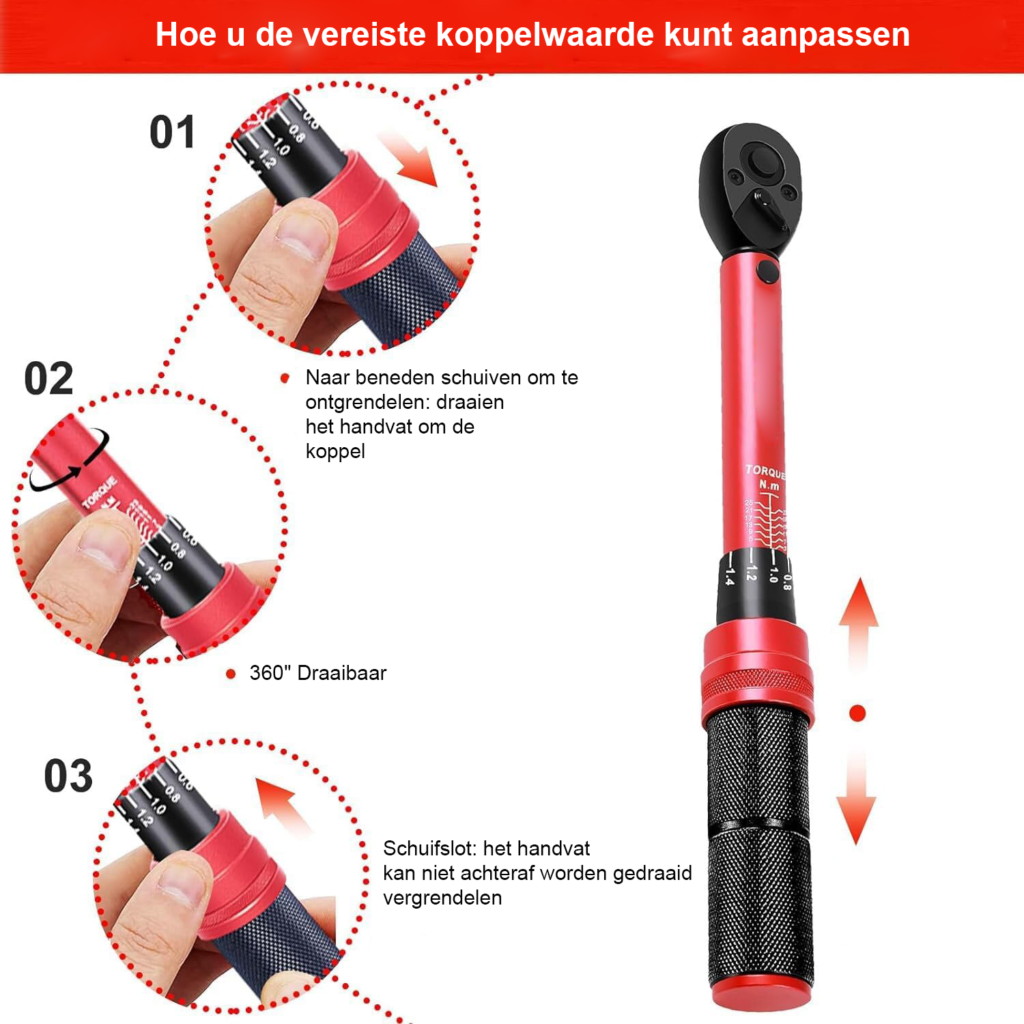 Draaimomentsleutel 3-25 Nm met 1/4 inch aandrijving en klikfunctie voor fietsen en motorfietsen