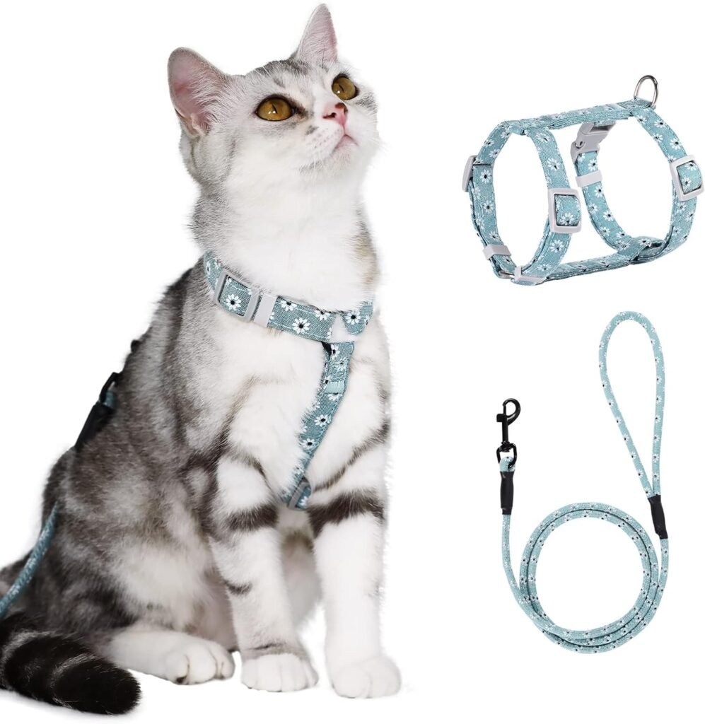Verstelbaar blauw kattenharnas met touwlijn maat M